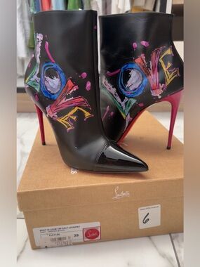 Christian Louboutin Black Leather 'LOVE' Graffiti Ankle Boots with Pink Heels